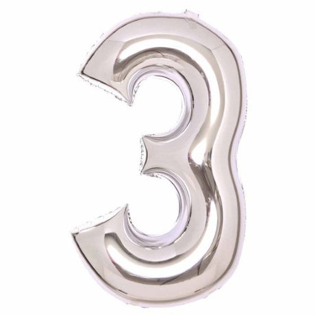 Large number 3 silver foil balloon, self-sealing, 53cm width and 87cm height, perfect for celebrations.