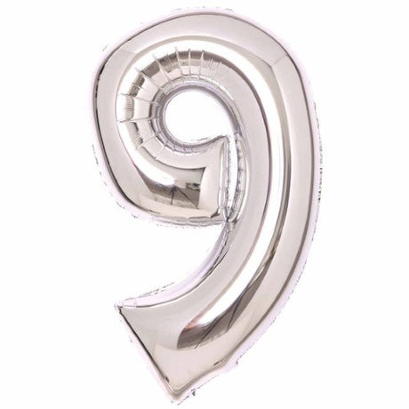 Large silver foil balloon in the shape of number 9, measuring 57cm wide and 91cm high, perfect for celebrations.