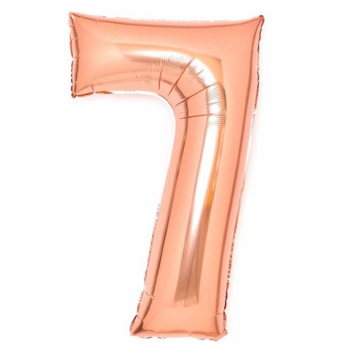 Large rose gold foil Number 7 balloon, 53cm wide and 89cm high, perfect for birthdays and celebrations.