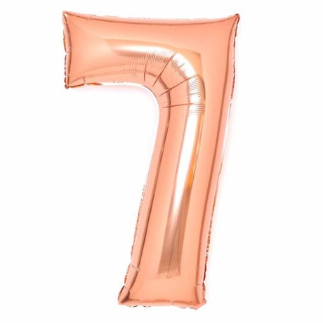 Large rose gold foil Number 7 balloon, 53cm wide and 89cm high, perfect for birthdays and celebrations.