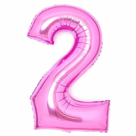 Large pink number 2 foil balloon, self-sealing, 55cm wide and 86cm high, perfect for birthday celebrations.