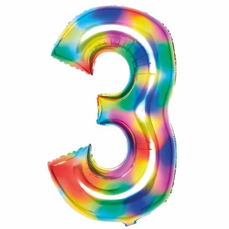Large rainbow foil balloon in the shape of the number 3, measuring 53cm wide by 87cm high.