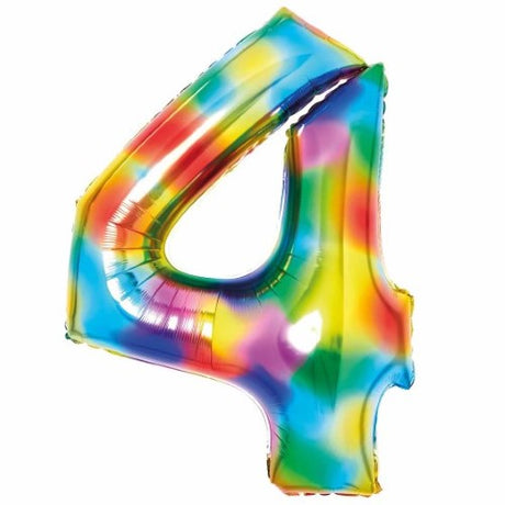 Large Number 4 Rainbow Foil Balloon, 66cm wide x 93cm high, vibrant decoration for birthdays and celebrations.