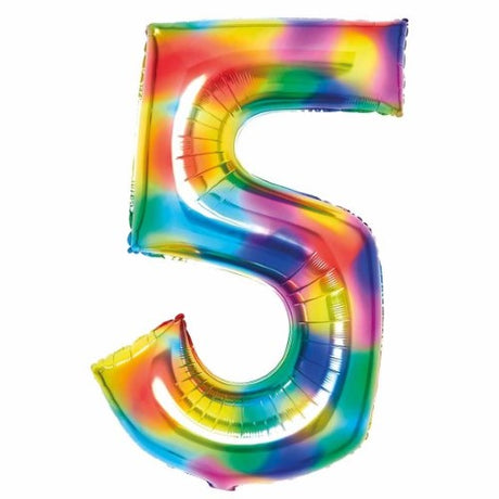 Large rainbow foil balloon shaped like the number 5, measuring 56cm wide and 89cm high, perfect for celebrations.