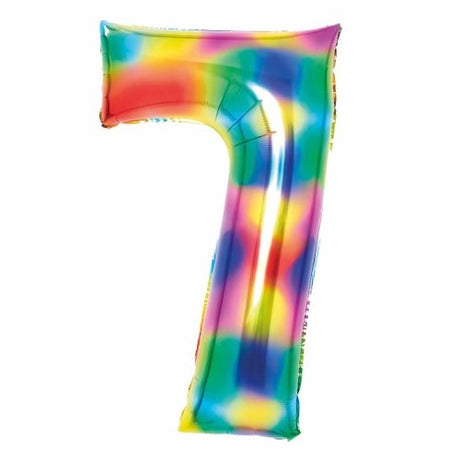 Large rainbow foil number 7 balloon, 53cm wide x 89cm high, ideal for vibrant celebrations and party decorations.