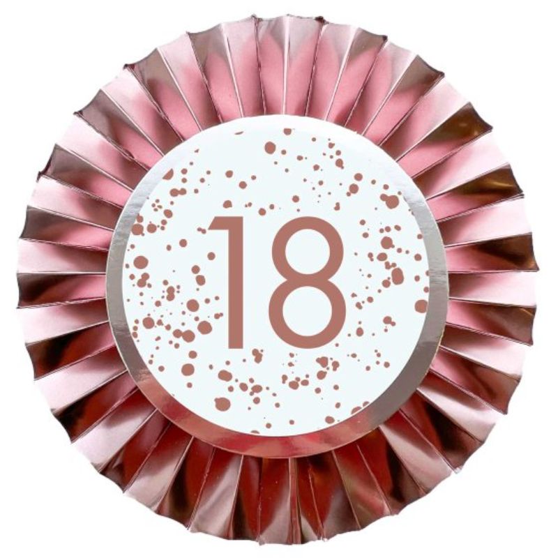Stunning 18cm rose gold rosette in foil cardboard, perfect for adding glamour to any celebration or photo backdrop.