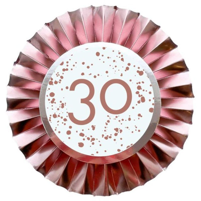 Rose Gold 30 Rosette: 12cm foil decorations, ideal for elegant events, lightweight, and easy to hang for a glamorous touch.