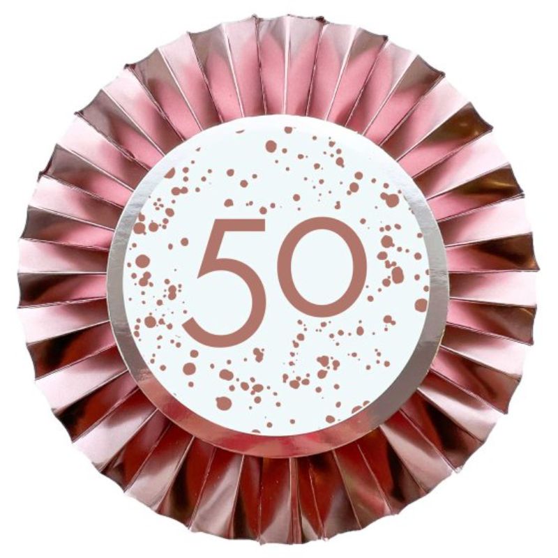 Rose Gold 50 Rosette made of 12cm foil cardboard, perfect for 50th celebrations, elegant and lightweight for easy display.