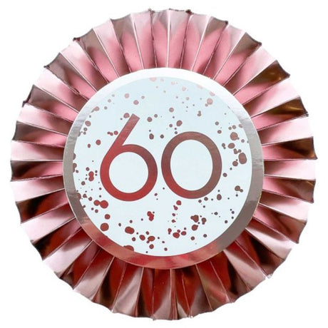 Rose Gold 60 Rosette, 12cm foil cardstock decoration, perfect for milestone celebrations with a touch of glamour.