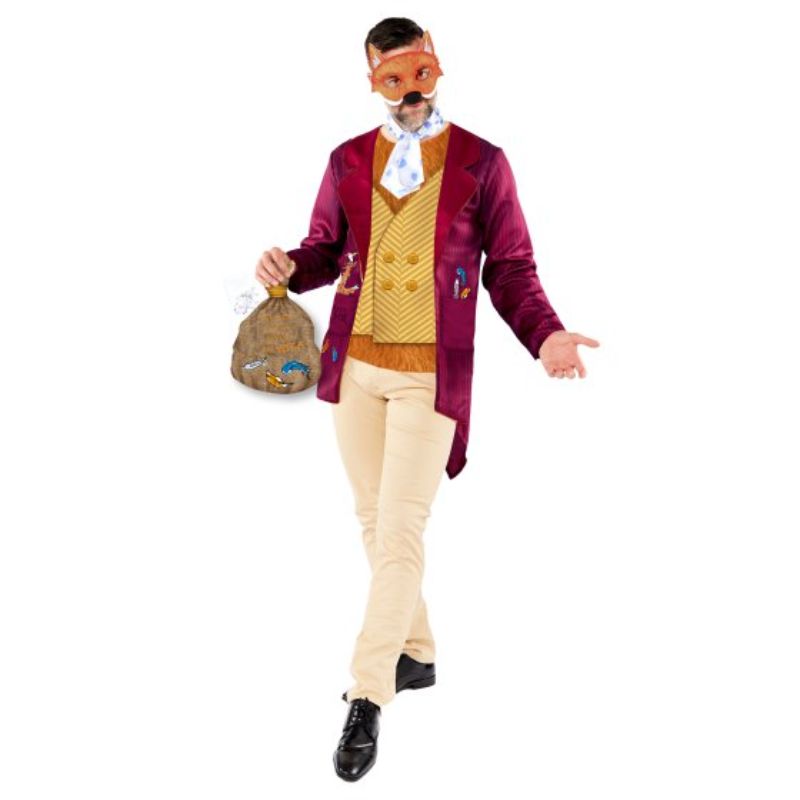 Men's Large Mr. Fox costume featuring fur-like top, stylish neck tie, playful tail, and eye mask for festive fun.
