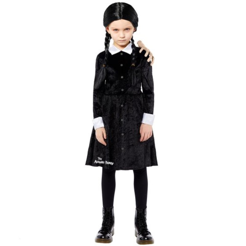 Black dress with white collar and wig, perfect for transforming into Wednesday Addams for girls ages 10-12.