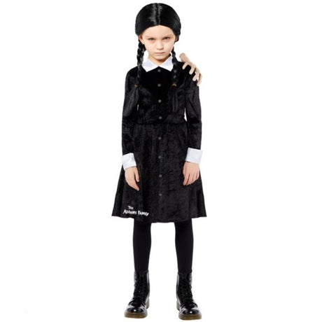 Black dress with white collar and wig, perfect for transforming into Wednesday Addams for girls ages 10-12.