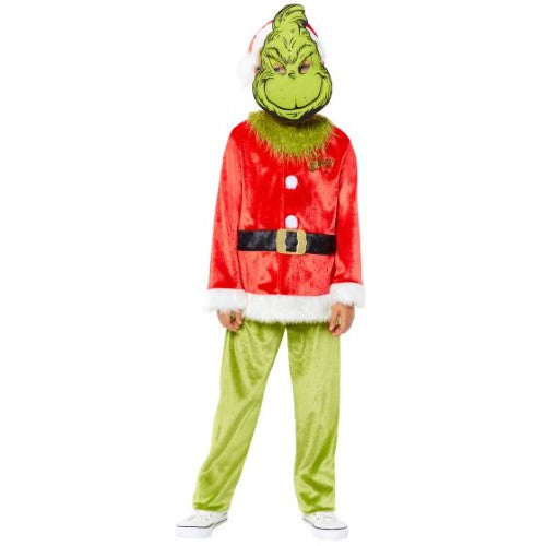 Child size Grinch costume with soft top, trousers, mask, and hat for festive dress-up and imaginative play.