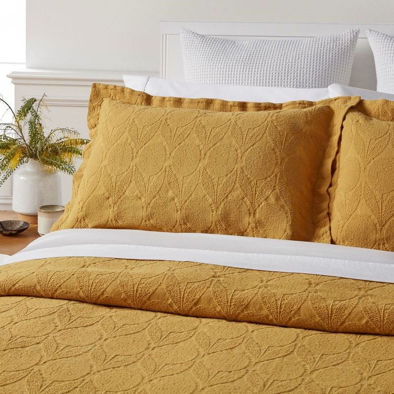 CITRON Saffron King Bedspread by BAKSANA features stonewashed floral design, soft OEKO-TEX® cotton, and includes two pillowcases.
