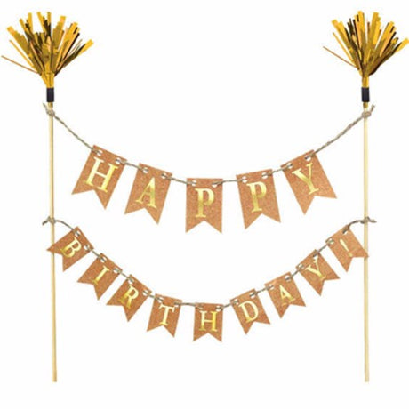 Gold Happy Birthday cake topper kit with wooden picks and embossed banners, perfect for elegant birthday celebrations.