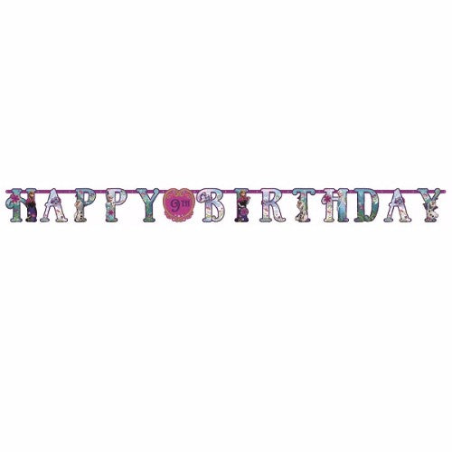 Colorful Frozen-themed banner to celebrate any age, measuring 3.2m long and includes numbers 0-9 and age suffixes.