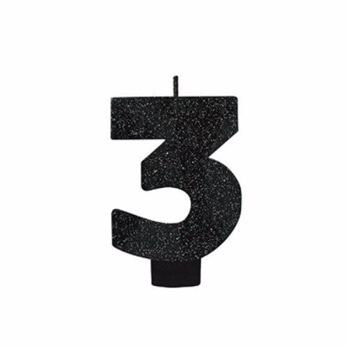 Candle Number Three Black Sparkle Glittered: 8cm elegant decorative candle with a unique black sparkle design for ambiance.