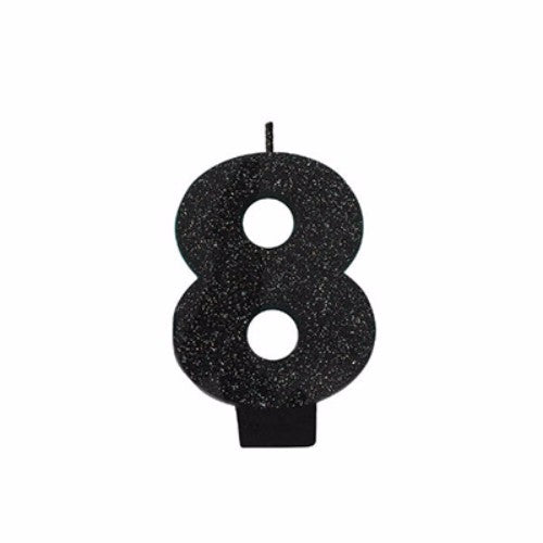 Black sparkle glittered candle, 8cm, adds elegance and glow to any setting. Perfect for decor or gifts.