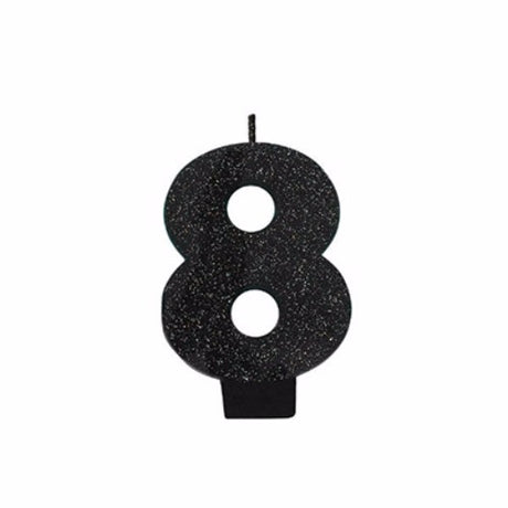 Black sparkle glittered candle, 8cm, adds elegance and glow to any setting. Perfect for decor or gifts.