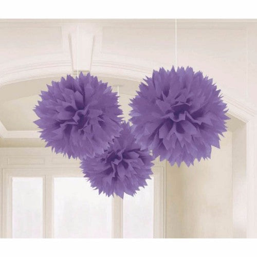 Vibrant purple fluffy pom poms, 16-inch, perfect for enhancing party decor, sold in a pack of 3 for festive occasions.
