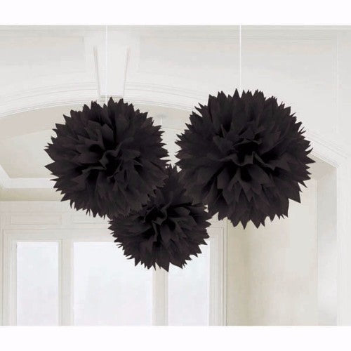 Three black fluffy hanging pom poms, 40cm, perfect for festive decor, assembly required.