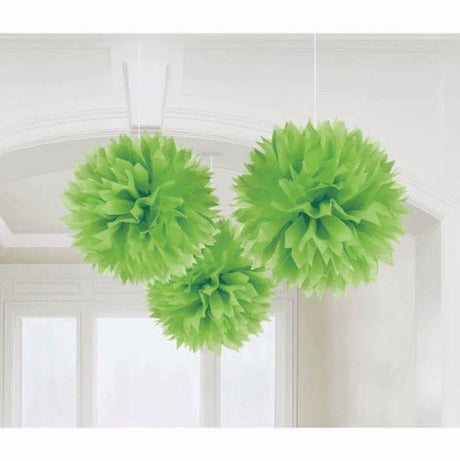 Pack of 3 vibrant green fluffy hanging pom poms, 16 inches each, perfect for festive party decorations.