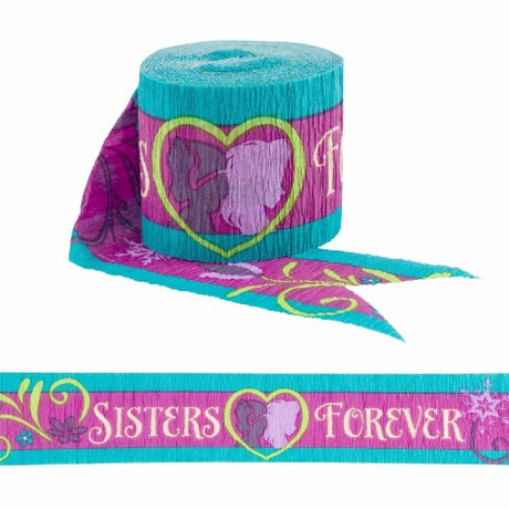 Colorful Frozen Crepe Streamer 'Sisters Forever', 5cm wide and 9.14m long, perfect for festive celebrations.