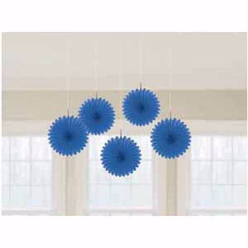 Bright royal blue mini hanging fans, 15cm, in a pack of 5 for festive decorations.