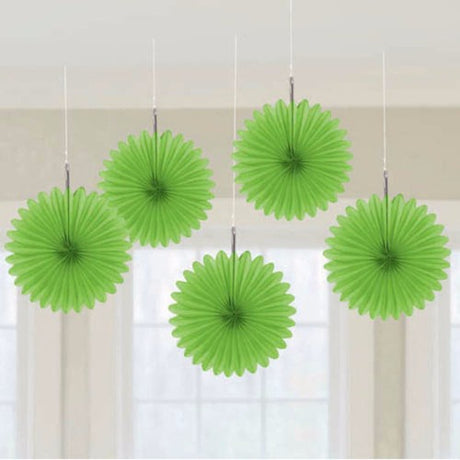 Pack of 5 mini hanging fans in vibrant lime green, perfect for adding charm to parties and events.