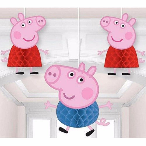 Peppa Pig Honeycomb Hanging Decorations in vibrant colors, 2 large at 25cm and 1 small at 18cm, perfect for kids' parties.