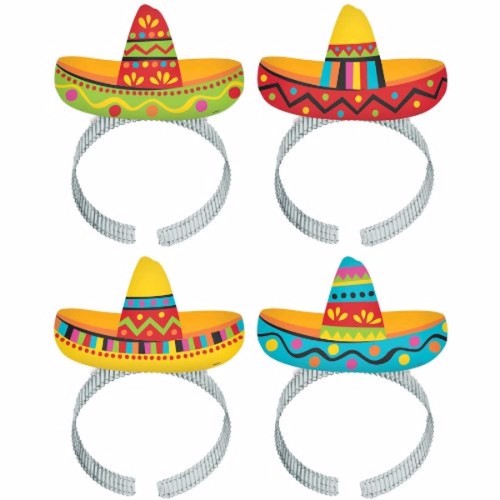 Vibrant pack of 8 sombrero headbands made of cardboard and aluminum, perfect for festive celebrations and parties.