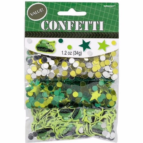 Colorful camouflage confetti mix in various shapes, perfect for vibrant party décor and DIY projects.