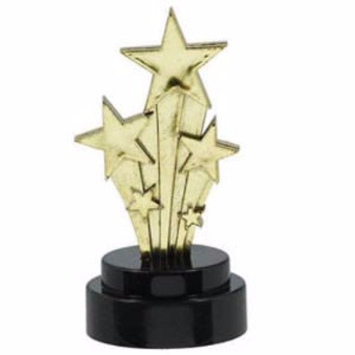 Pack of 6 gold and black star trophies, 7.5cm tall, perfect for celebrating achievements at any event.