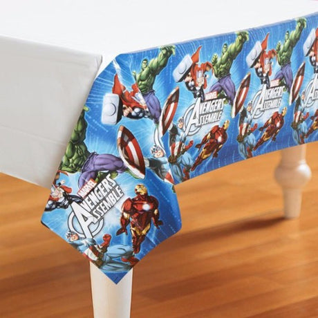 Avengers Tablecover Plastic featuring Iron Man, Captain America, and Thor for vibrant superhero-themed parties.