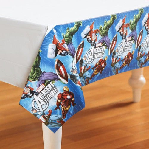 Avengers Tablecover Plastic featuring Iron Man, Captain America, and Thor for vibrant superhero-themed parties.