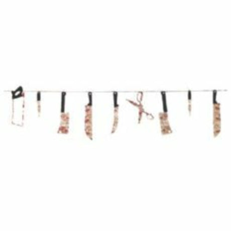 Garland with bloody meat cleavers, knives, and scissors; spooky 2.2m Halloween decoration for eerie atmospheres.