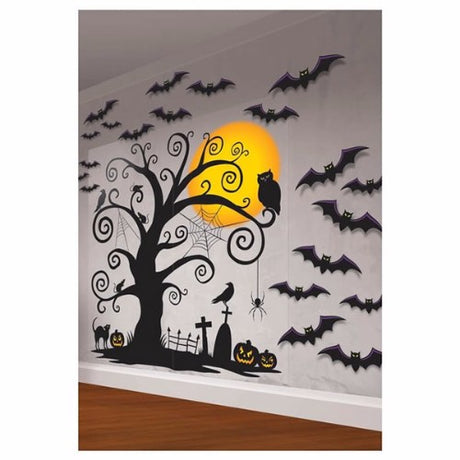 Halloween Wall Decorating Kit with large spooky wall decorations and assorted cutouts for festive indoor and outdoor decorating.