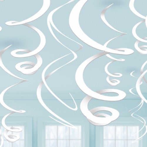 Twelve white hanging swirls, 55.8cm long, ideal for festive decorations.