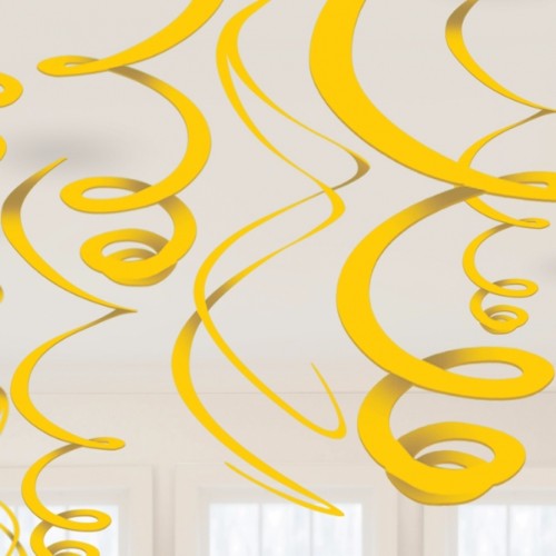 Bright yellow hanging swirls, 55.8cm long, pack of 12, perfect for vibrant party decor and celebrations.