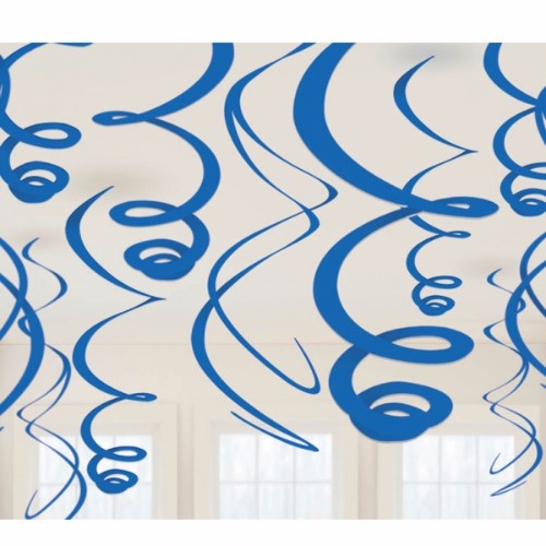 Pack of 12 royal blue hanging swirls, 55.8cm long, perfect for vibrant party decorations and easy to hang.
