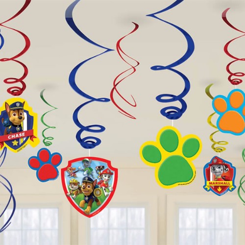 Paw Patrol Hanging Swirls Value Pack with 6 foil swirls and cutouts in various sizes, perfect for party decoration.