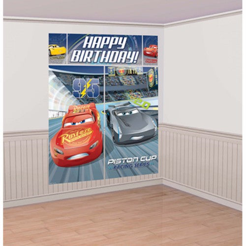 Cars 3 Scene Setter Kit featuring Lightning McQueen; includes 5 vibrant decorations for a festive birthday celebration.
