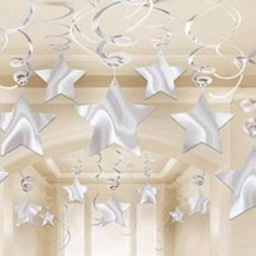 Silver hanging star decorations in a pack of 30, perfect for vibrant party decor and easy to hang for any celebration.