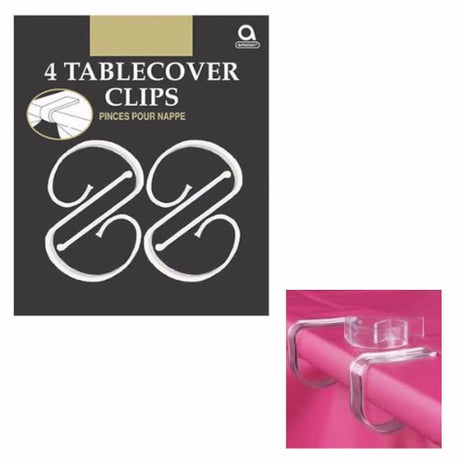 Clear plastic tablecover clips securely hold tablecloths in place, ideal for outdoor events and casual gatherings.