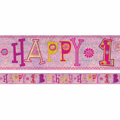 Banner Happy 1st Birthday Girl Design Foil