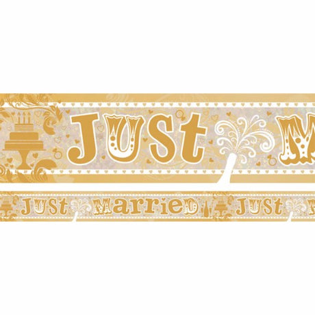 Holographic Just Married banner, 2.7m x 13cm, adds shimmer and elegance to weddings, ideal for decor and photography.