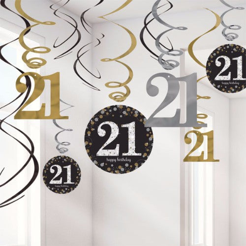 Black foil hanging swirls for 21st birthday decorations, featuring assorted cutouts and sleek design. Pack of 12.