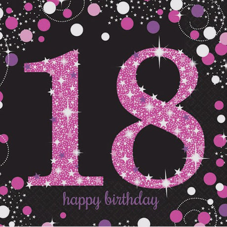 Pack of 16 sparkling pink 18th birthday lunch napkins in pink, black, and silver, measuring 33cm x 33cm.