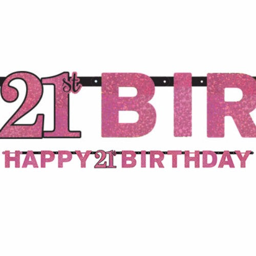 Holographic pink and black banner reading 'Happy 21st Birthday', 2.13m long, perfect for birthday celebrations.