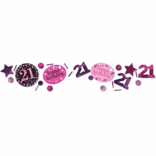 Vibrant Sparkling Pink 21 Happy Birthday Confetti in pink, purple, black, and silver for festive celebrations.